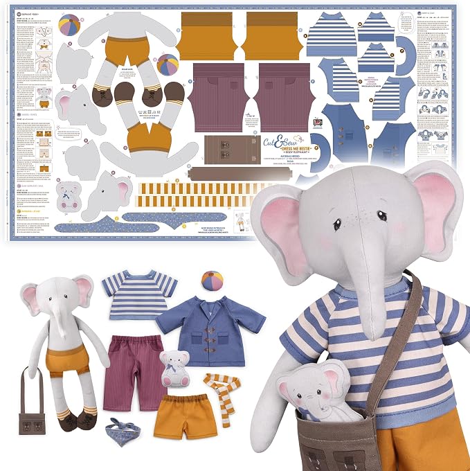 kullaloo Cut & Sew Fabric Panel – Elephant Doll Sewing Kit for Teens & Adults ✦ Intermediate DIY Plush Project with Clothes ✦ Dress Me Bestie Eddy
