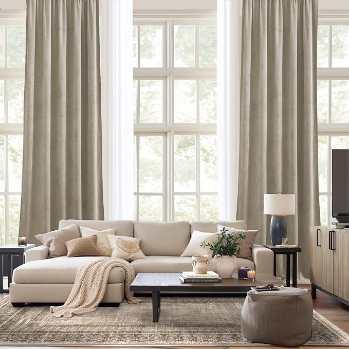 NICETOWN Living Room Camel Velvet Curtains 12 ft Length, Sound and Sunlight