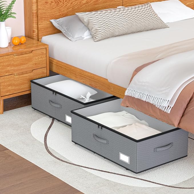 Under Bed Storage with Wheels, No Assemble Required 12 inches height Under Bed Storage bins,Large capacity Rolling Underbed Shoe Storage containers，dorm underbed storage drawers