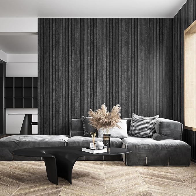 VEELIKE Charcoal Black Wood Slat Peel and Stick Wallpaper 24''x118'' Modern