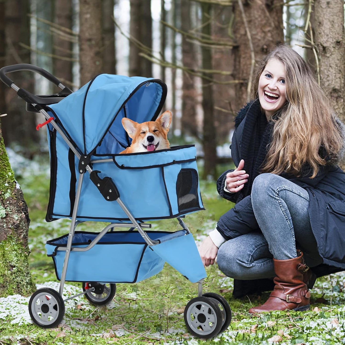 Dog Stroller,3 Wheels Travel Folding Pet Stroller for Small Medium Dog Cat Jogger Stroller with Storage Basket Removable Liner Blue