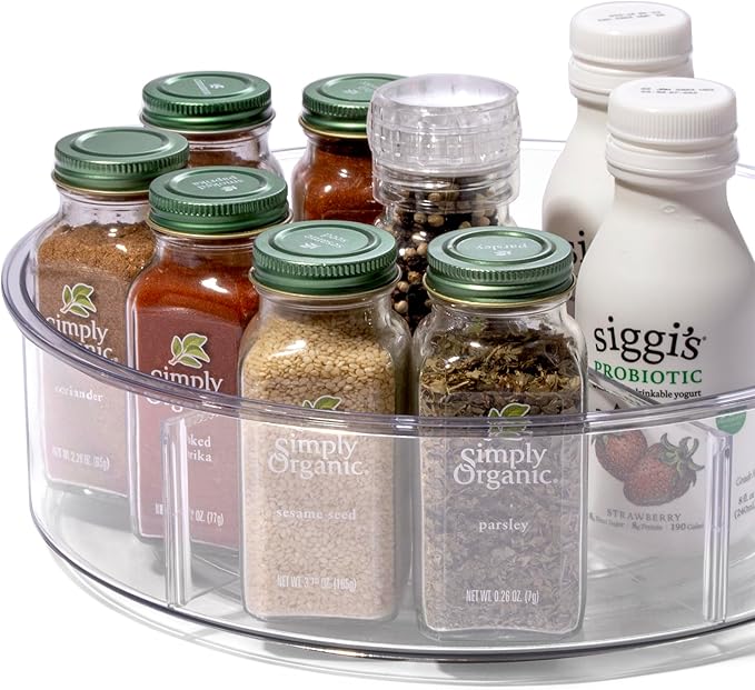 BINO Plastic Round Turntable Organizer with 6 Compartments - Clear | Spinning Divided Turntable Container | Rotating Organizer Storage for Bottle Condiments Fridge Kitchen Counter Pantry Bathroom