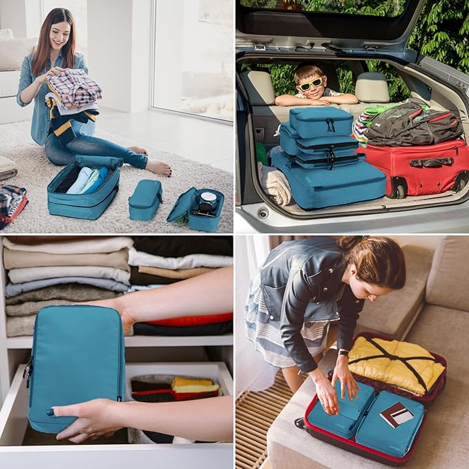 8 Set Compression Packing Cubes for Travel, Waterproof Luggage Organizers, Suitcase Organizer Set for Carry-On & Checked Baggage, Travel Accessories for Men & Women