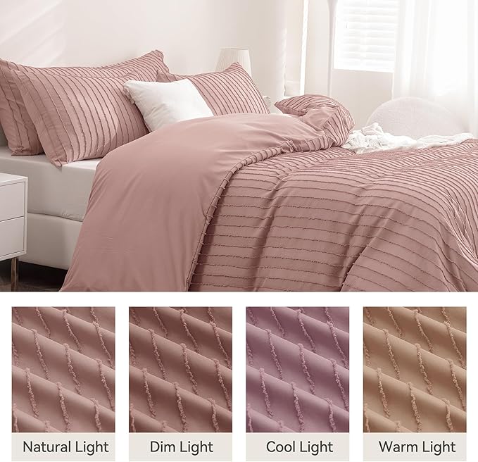 JELLYMONI Duvet Cover Twin Size Smokey Pink - 3PCS Boho Striped Duvet Cover Set Polyester Tufted Bohemian Textured Comforter Cover 68×90in with Corner Ties & Zipper and 2 Pillowcases
