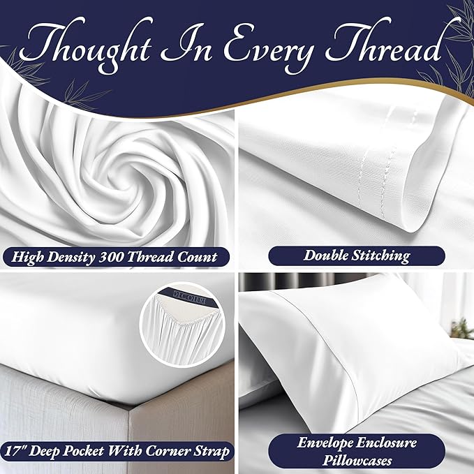 DECOLURE 100% Viscose Derived from Bamboo Sheets Cal King Size 4pcs - Ultra Soft & Luxuriously Cooling, 17" Deep Pocket, Double Stitching, Perfect for Hot Sleepers - King Bed Sheets (White)
