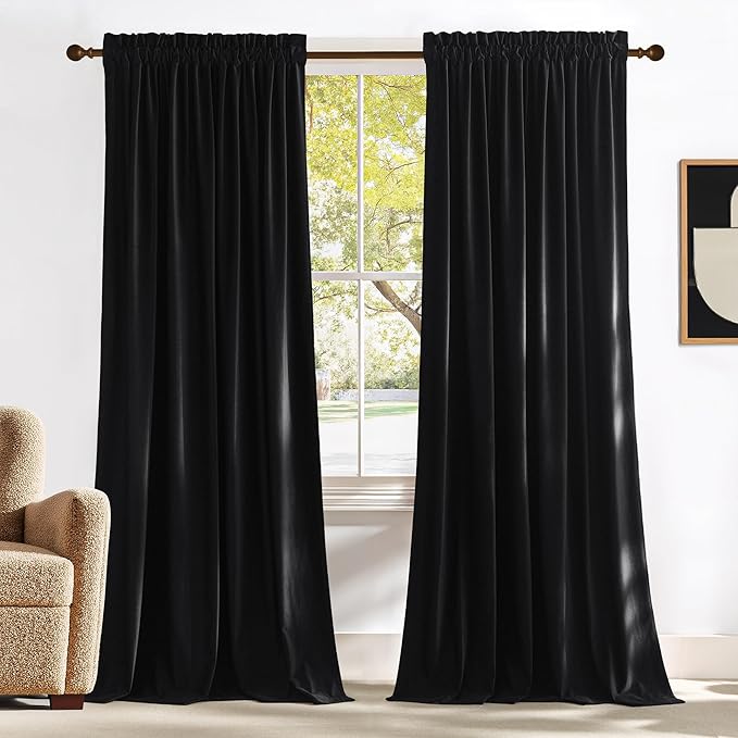 NICETOWN Black Velvet Curtains 84 inch Long