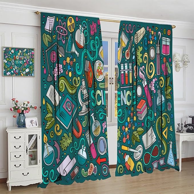 Science Symbols Kids Curtain Sketches Cartoon Chemistry Physics Geometry Education Pattern Print Window Drapes for Bedroom Living Room Kitchen Decor,2 Panel Set,42x63 Inch Blackout