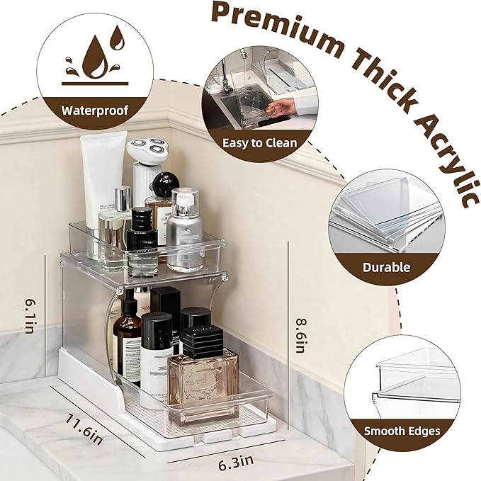 Spice Rack Organizer for Cabinet 2pcs, 2 Tier Countertop Shelf Organizer with Pull Out Rotating Bottom Shelf, Acrylic Kitchen Spice Organizer for Pantry, Counter and Cabinet Storage