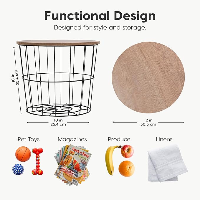 IRIS USA Round Wire Basket with Wooden Lid, 2 Pack, Potato Onion Vegetable Storage, Nestable Storage Bins, Water Resistant Surface, Living Room Bathroom Kitchen, Durable Easy Assembly Space Saving