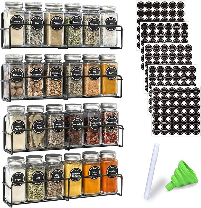 VITEVER Magnetic Spice Rack, 4 Pack, 24 Square Glass Jars with Lids, Quick-Find Pre-Printed Labels, Funnel, Space Saver, Refrigerator and Microwave Oven Organizer