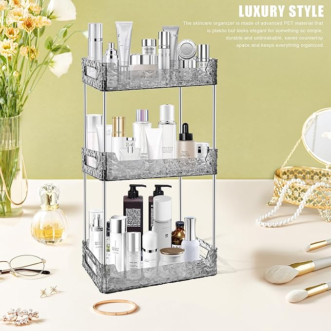 3-Tier Bathroom Counter Organizer Countertop Storage, Dresser Organizer Vanity Tray for Makeup, Perfume Organizer Cosmetics Skincare Shelf - Grey