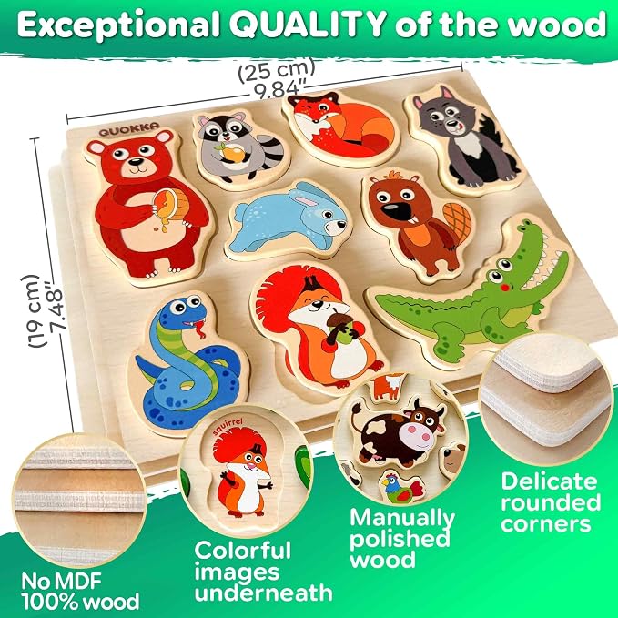 QUOKKA Wooden Puzzles for Toddlers 1-3 – 6XSET Chunky Toddler Puzzles Ages 2-4 – Learning Animals Numbers Alphabet Montessori Toy for Kids 3-5 – Wood Games Gift for Boys & Girls - FSC Certified Wood