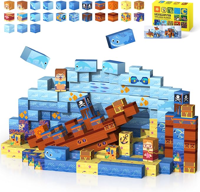 Magnetic Blocks— 120PCS Magnet Toys for Kids, Magnetic Building Blocks Cubes, Montessori Sensory Stacking Magnets, School STEM Toys Birthday Gifts for Boys and Girls Age 3+ Years Old (Ocean Explore)