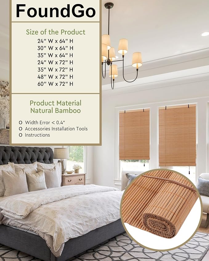 Foundgo Bamboo Shades 24" W x 64" H Light Filtering Bamboo Blinds