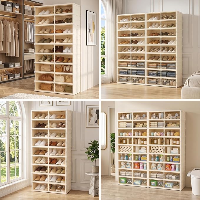 Foldable Shoe Rack with Doors, Stackable Plastic Shoe Organizer, Large Clear Shoe Storage Boxes for Closet and Entryway, Portable Collapsible Shoe Cabinet 9 Tiers, 27Pairs