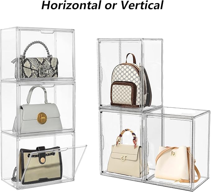 Attelite Plastic Purse and Handbag storage Organizer for Closet, Clear Acrylic Display Case with Magnetic Door for Wallet, Book, Cosmetic, Clutch Organization 3 Pcs