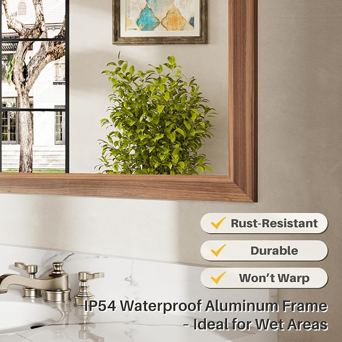 36x36 Inch Bathroom Mirror for Wall, Anti-Rust Walnut Wood Grain Metal Framed