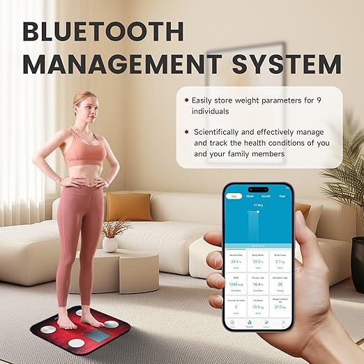 EILISON Digital Bathroom Scale with 4 Electrodes & BIA Technology High-Precision Smart Body Fat Analyzer,Large Color Night Vision Touchscreen,Bluetooth App Sync for 19 Metrics,396LBS Capacity (Red)