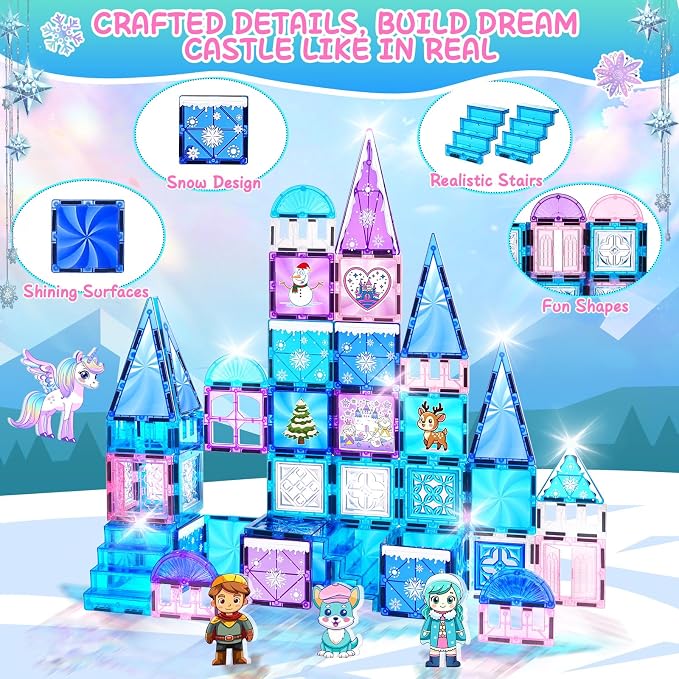 Princess Castle Magnetic Tiles 112PCS with 4 Dolls 2 Stairs & Magnetic Art Decors Kit, Diamond Blocks Magnet Tiles for Kids 3-5 4-8-12, Magnet STEM Princess Toys for 3 4 5 6 7 8+ Girls Kids Xmas Gifts