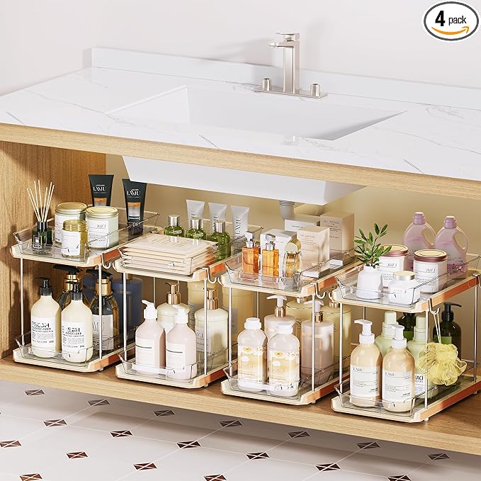 Delamu 2 Tier Under Sink Organizer Bathroom, Bathroom Cabinet Organizer with Snap-Lock Design and Hooks, Pull Out Storage with Movable Dividers, for Countertop, Kitchen and Pantry (Wood Grain, 4 Pack)