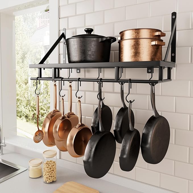 KES 24 Inch Kitchen Pot Pan Rack Wall Mounted Hanging Storage Organizer Wall Shelf With Hooks Matte Black, KUR215S60-BK