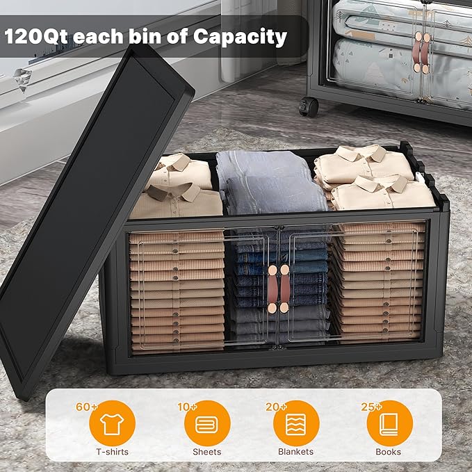 Extra Large Stackable Storage Bins with Lids & Wheels & Door, 896QT-112QT/28GAL*8Pack Foldable Collapsible Closet Organizers, Plastic containers drawers for bedroom Dorm