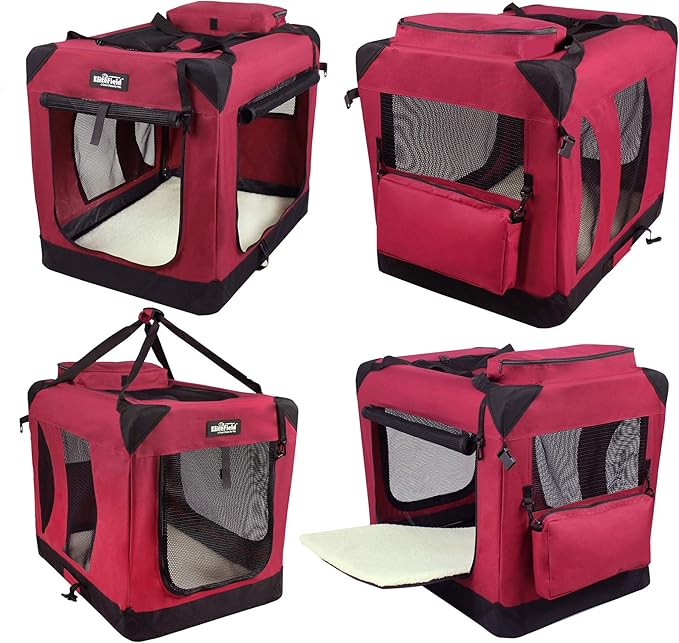EliteField 3-Door Folding Soft Dog Crate with Carrying Bag and Fleece Bed (2 Year Warranty), Indoor & Outdoor Pet Home (42" L x 28" W x 32" H, Maroon)