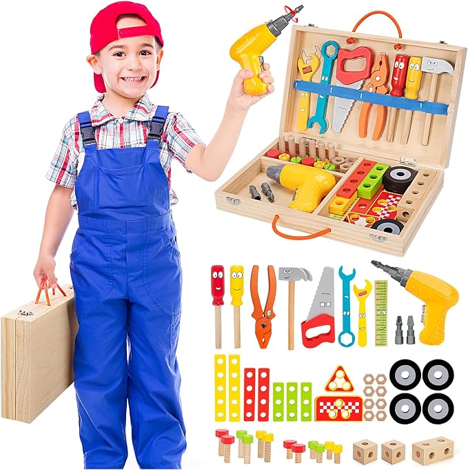 Kids Tool Set with Electric Drill, 46 Pcs Wooden Toddler Play Tools Set with Tool Box, Montessori STEM Educational Construction Building Toy for 3 4 5 6 Year Old Boys Girls Birthday Gifts