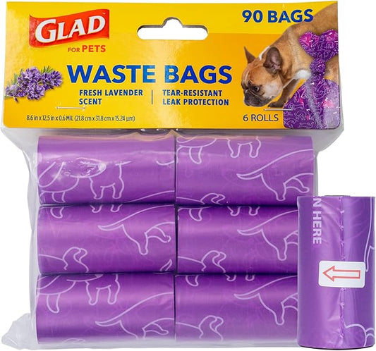 Glad for Pets Scented Waste Bags, Tear Resistant Pet Poop Pick-up Bags with Leak Protection, Fresh Lavender Scent, Purple Designs, 6 rolls, 90 bags total