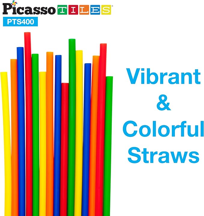 PicassoTiles 400 Piece Straws and Connectors, STEM Construction Set Ages 3+ | Interlocking builder pieces, creative early education kit, hands-on engineering play, screen-free fun for curious young kids