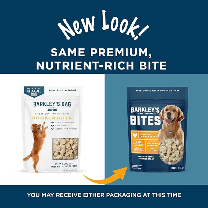 Barkley’s Bag Chicken Bites, Freeze Dried Dog Treats & Food Topper, Made with Chicken and Brown Rice, Small Bite-Sized Pieces for Training Rewards, for All Dog Breeds, Ages & Sizes, 4 Oz Bag (6 Pack)