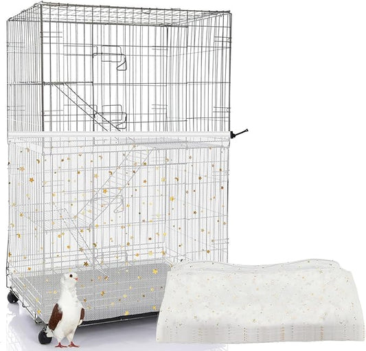 Bird Cage Cover, 60-118'' Large, 31.5'' H Adjustable Nylon Mesh Net, Soft Airy, White, Starry Sky Pattern, Drawstring, Breathable, Hand Wash Only