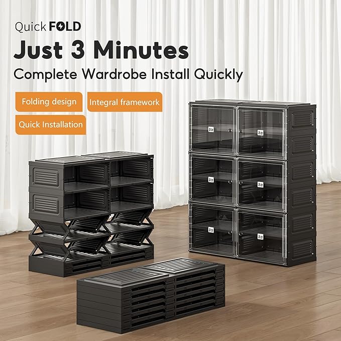 Vipbox Black Shoe Rack Organizer Cabinet for Closet Entryway,Clear Shoe Storage Boxes Stackable Sneaker Storage with Door Easy Assembly Shoe Cabinet with Lids Large 8 Tiers 32 Pairs