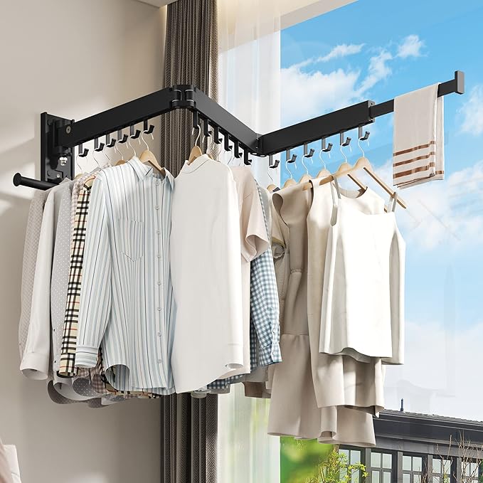 Drying Rack Clothing, Retractable Clothes Drying Rack,Wall Mounted Laundry Rack, Laundry Drying Rack Wall Mount,Collapsible Clothes Rack,can Fold Upward & Left & Right,Black Color