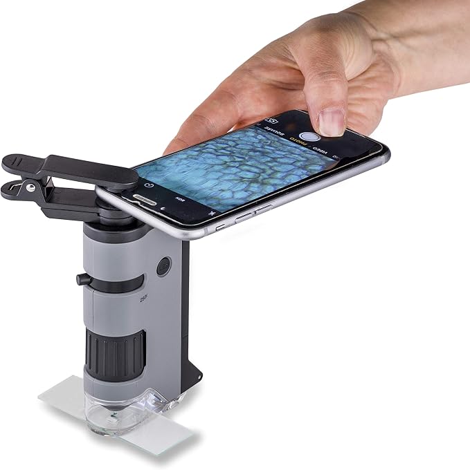 Carson MicroFlip 100x-250x LED and UV Lighted Pocket Microscope with Flip Down Slide Base and Adapter with CarsonCam Phone App - Set of 4 (MP-250MU) | STEM Handheld Microscope Set with Smartphone Adapter Clip for Digiscoping, Flip Down Slide Base - Set...