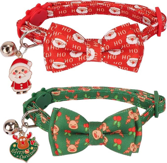 ADOGGYGO Christmas Cat Collar with Removable Bow Bell, 2 Pack Red Green Santa Reindeer Christmas Collars for Cat Kitten