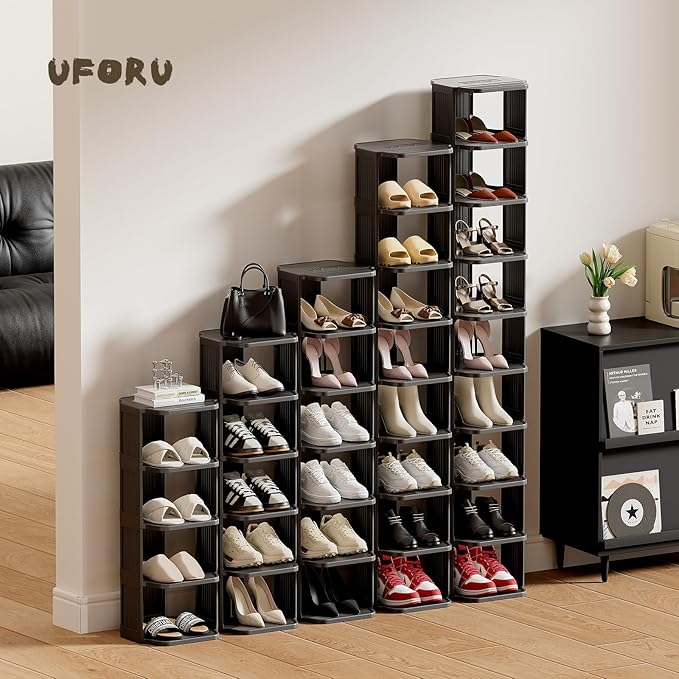 UFORU Vertical Shoe Rack, 6-Tier Plastic Stackable Storage Shelf for Small Closets and Narrow Spaces, Compact Free Standing Shoe Racks for Entryway Bedroom Dormitory