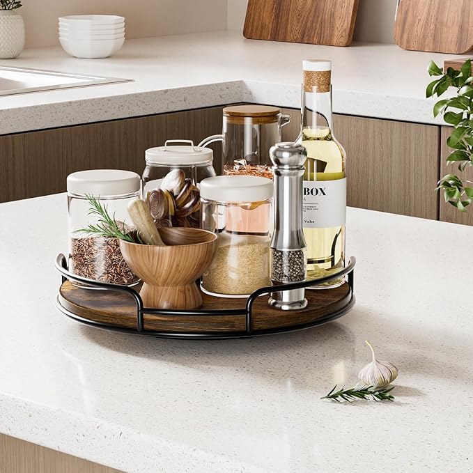 WOWBOX 9" Lazy Susan Organizer for Table Top Rotating Spice Rack Organizations Wood Lazy Susan Turntable Organizer for Cabinet Kitchen Pantry Countertop Bathroom Vanity