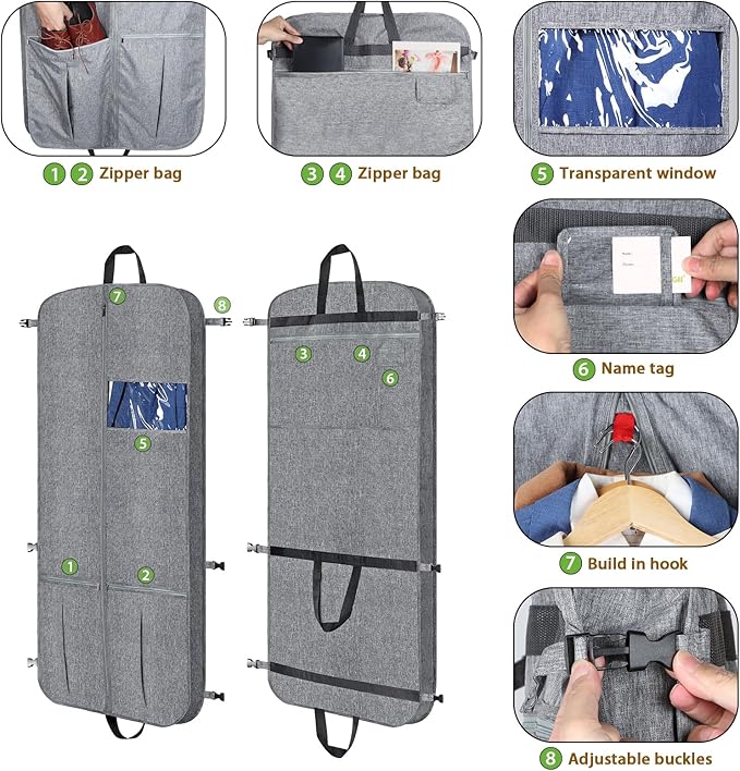 KEEGH 54" Garment Bags for Travel Tri-fold Garment Bag for Dresses Long Waterproof Suit Bags for Men Hanging Clothes for Suit Coats Tuxedos Dresses with 4 Big Pockets & Accessory Pouch, Black