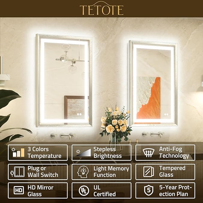 TETOTE 60 x 30 Large Bathroom Mirror Brushed Bright Nickel Metal Frame Frontlit & Backlit Vanity Mirror 3 Colors White/Warm/Natural Stepless Dimmable Anti-Fog Bathroom Mirrors for Vanity Wall-Mounted