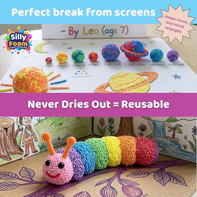 Silly Foam, Creative Modeling Foam Beads, 2-Pack of 6 Primary + 6 Neon Pastel Blocks, No-Slime No-Mess, Perfect for Preschool, Kids, Arts & Crafts, Sensory Play, STEM, Travel Toy, Non-Toxic (Age 3+)