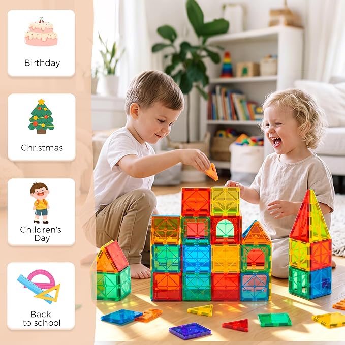 FNJO Magnetic Tiles, 64 PCS Magnetic Building Blocks, Magnets Building Set, STEM Toys for Kids Boys and Girls Creative and Inspirational
