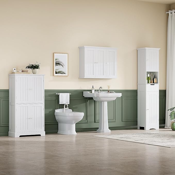 ChooChoo Bathroom Wall Cabinet with 3 Doors, Laundry Cabinet Wall Mounted, Medicine Cabinet with Adjustable Shelves, Hanging Kitchen Cupboard Organizer, White