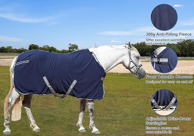 Horse Fleece Cooler, Blanket Liner - 300g Anti-Pilling Fleece, Moisture-Wicking, Cooling & Drying for Post-Workout, Bath & Travel, Prevent Overheating & Chilling Navy 66