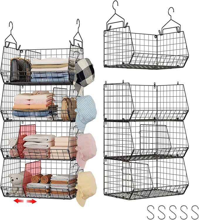 4 Tier Hanging Closet Organizer with Dividers,Extra Large Storage Hanging Shelf with 5 S Hooks 4 Dividers,Hang on Wire Closet Shelving Clothes Organizer-Black