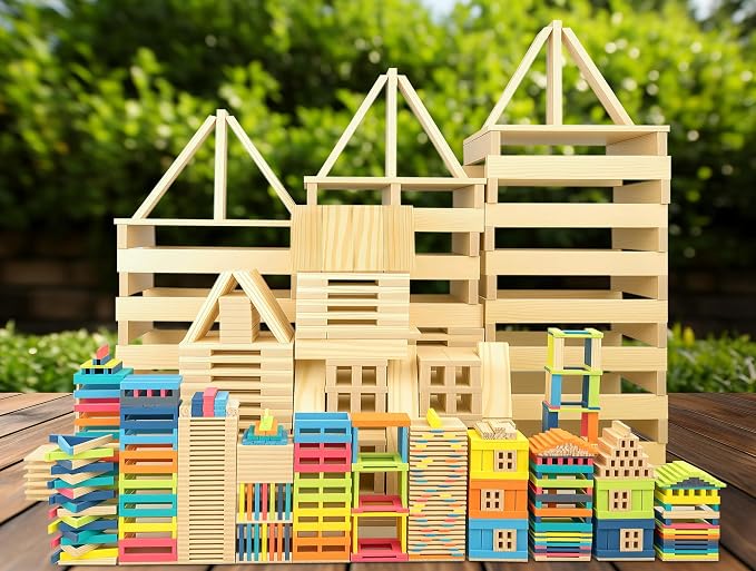 Premium 300 Pcs Natural Wooden Building Planks Building Blocks Kits for Kids 3-12, Open-Ended Classic Pine STEM Construction Toys Set for Castles, Bridges & Towers, Educational Learning Gift (4.7 in)
