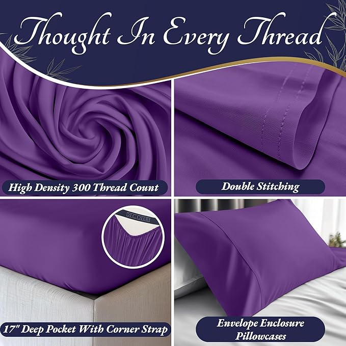 DECOLURE 100% Viscose Derived from Bamboo Sheets King Size 4pcs - Ultra Soft & Luxuriously Cooling, 17" Deep Pocket, Double Stitching, Perfect for Hot Sleepers - King Bed Sheets (Purple)