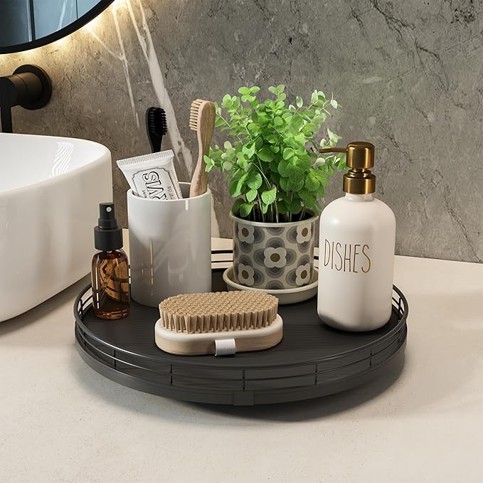 13" Lazy Susan Turntable Organizer for Table Top, Round Wooden Lazy Susan for Cabinet Kitchen Decor Centerpieces Coffee Table, Storage Condiments Spices, Bathroom Vanity Tray for Soap, Black