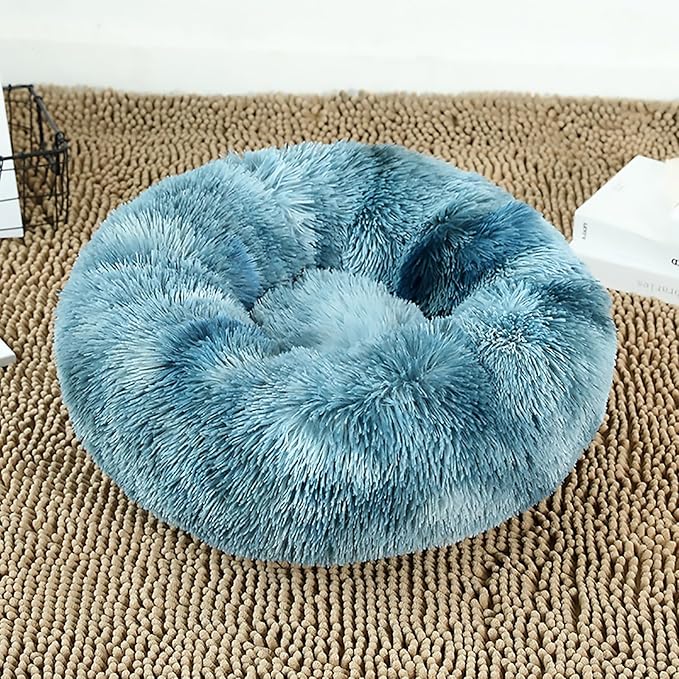 Calming Dog Bed for Small Dogs, Calming Donut Cuddler Pet Bed Anti Anxiety Round Dog Bed Fluffy Plush Faux Fur Cat Bed,Navy Blue,19.7IN