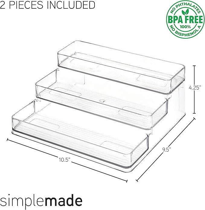 SIMPLEMADE 3-Tier Spice Rack Organizer - Versatile Storage Shelf for Kitchen, Bathroom, Bedroom & Office, Set of 2, Clear